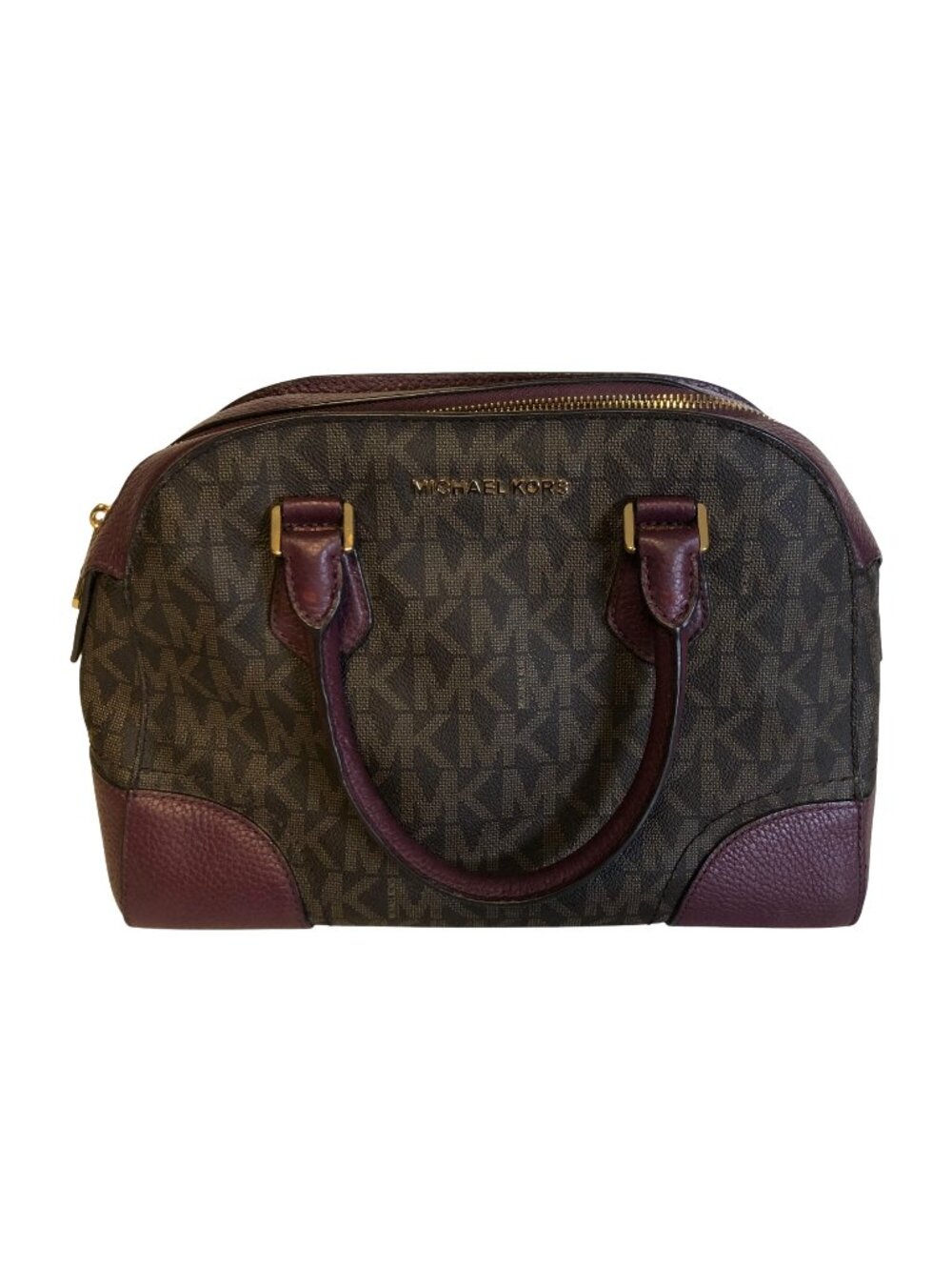 Michael Kors Hattie Purse Satchel Leather Signature Brown Plum Bowling Bag